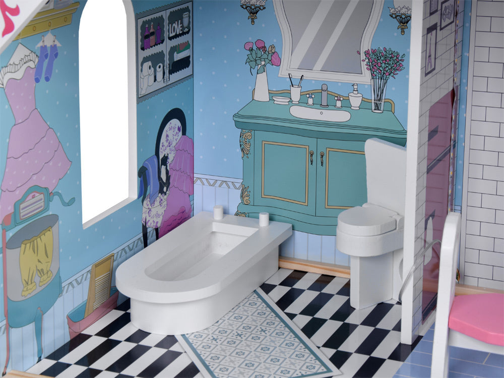 Didelis medinis lėlių namelis su baldai