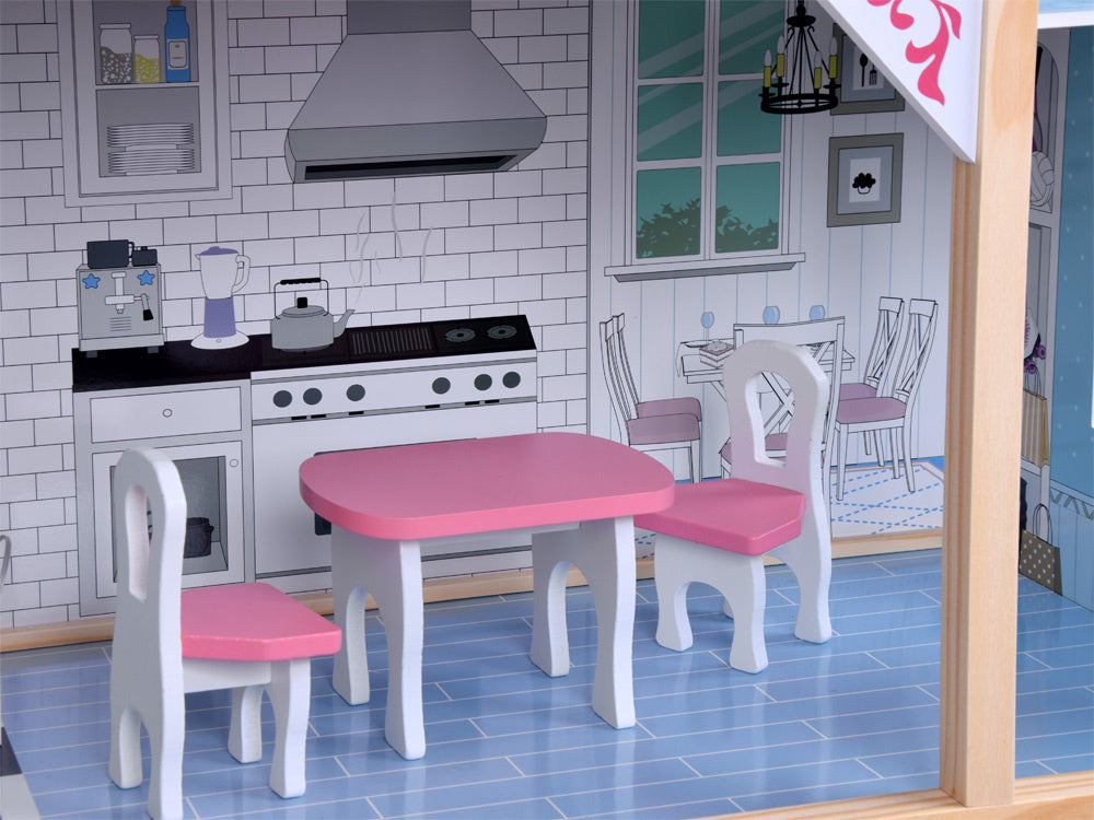 Didelis medinis lėlių namelis su baldai