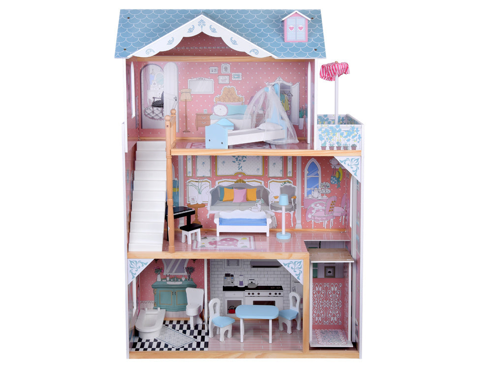 Gražus trijų aukštų medinis lėlių namelis su baldais