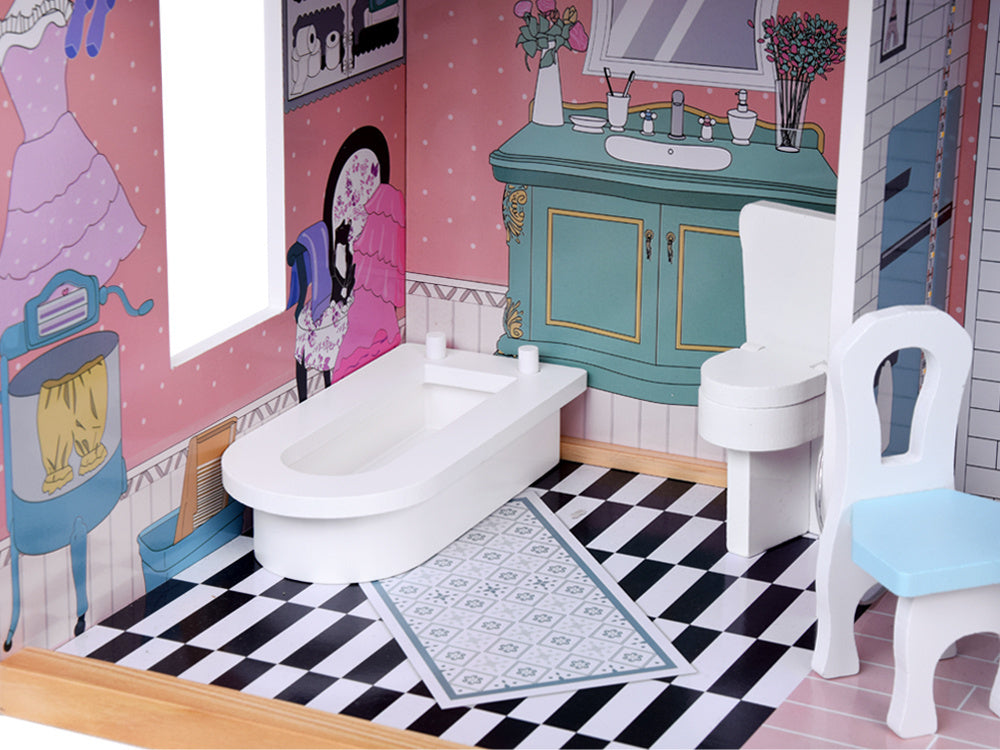 Gražus trijų aukštų medinis lėlių namelis su baldais