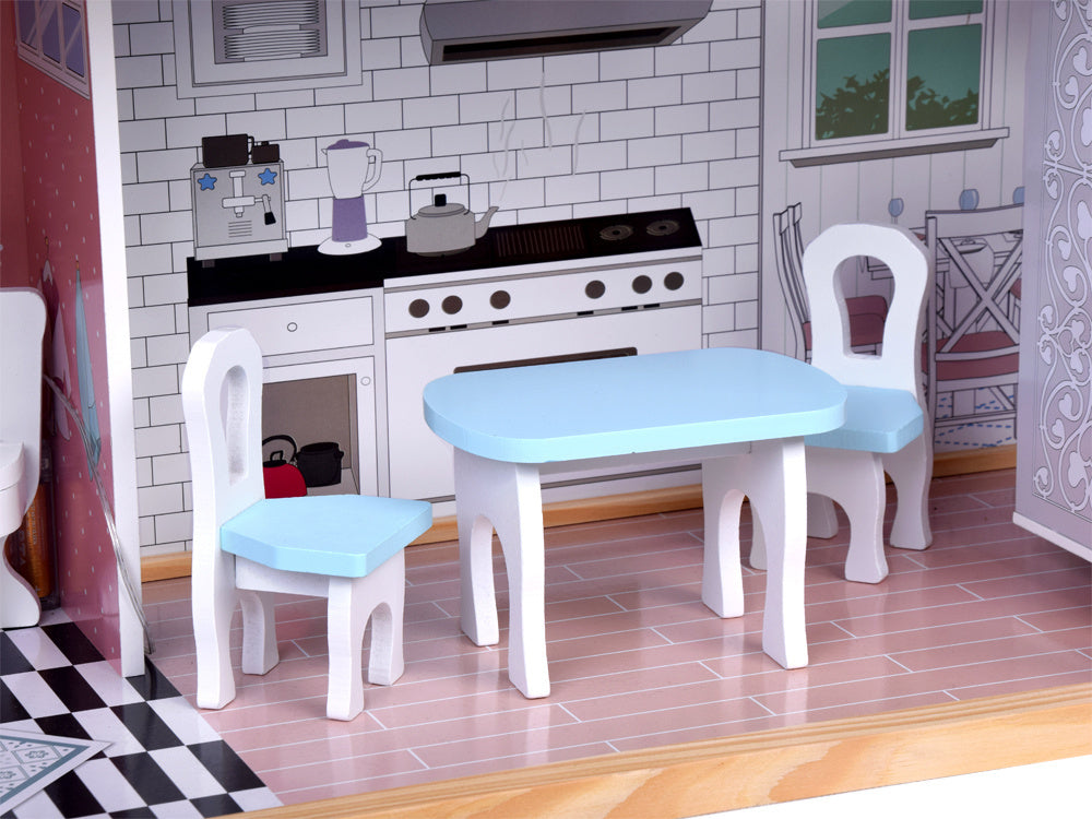 Gražus trijų aukštų medinis lėlių namelis su baldais