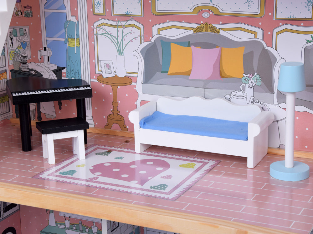 Gražus trijų aukštų medinis lėlių namelis su baldais