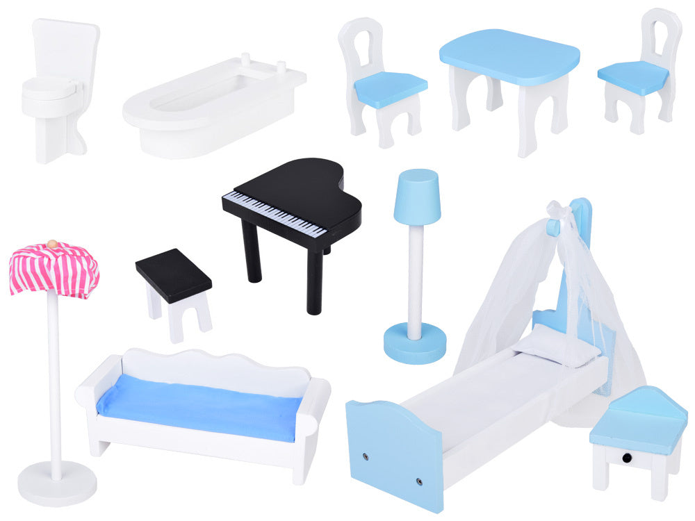 Gražus trijų aukštų medinis lėlių namelis su baldais