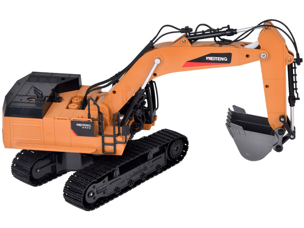 Nuotoliniu būdu valdomas vikšrinis ekskavatorius su dūmų efektu, geltonas