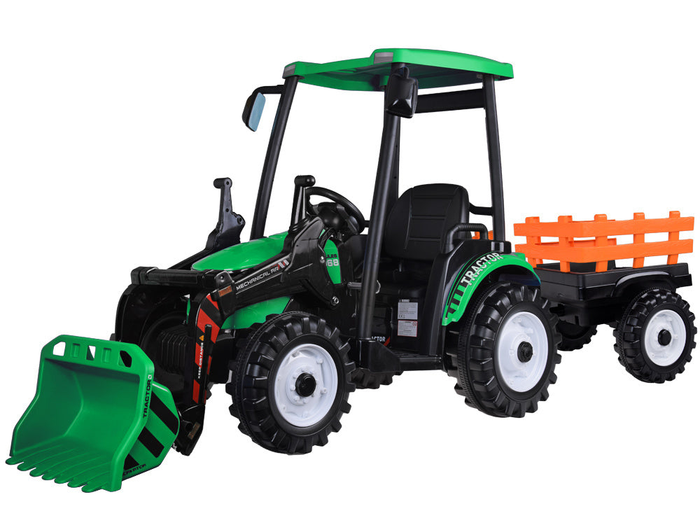 Vienvietis elektrinis traktorius vaikams HTA su priekaba ir kaušu, žalias