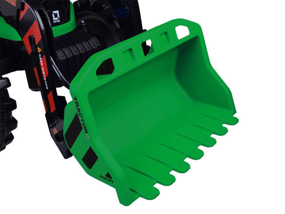 Vienvietis elektrinis traktorius vaikams HTA su priekaba ir kaušu, žalias
