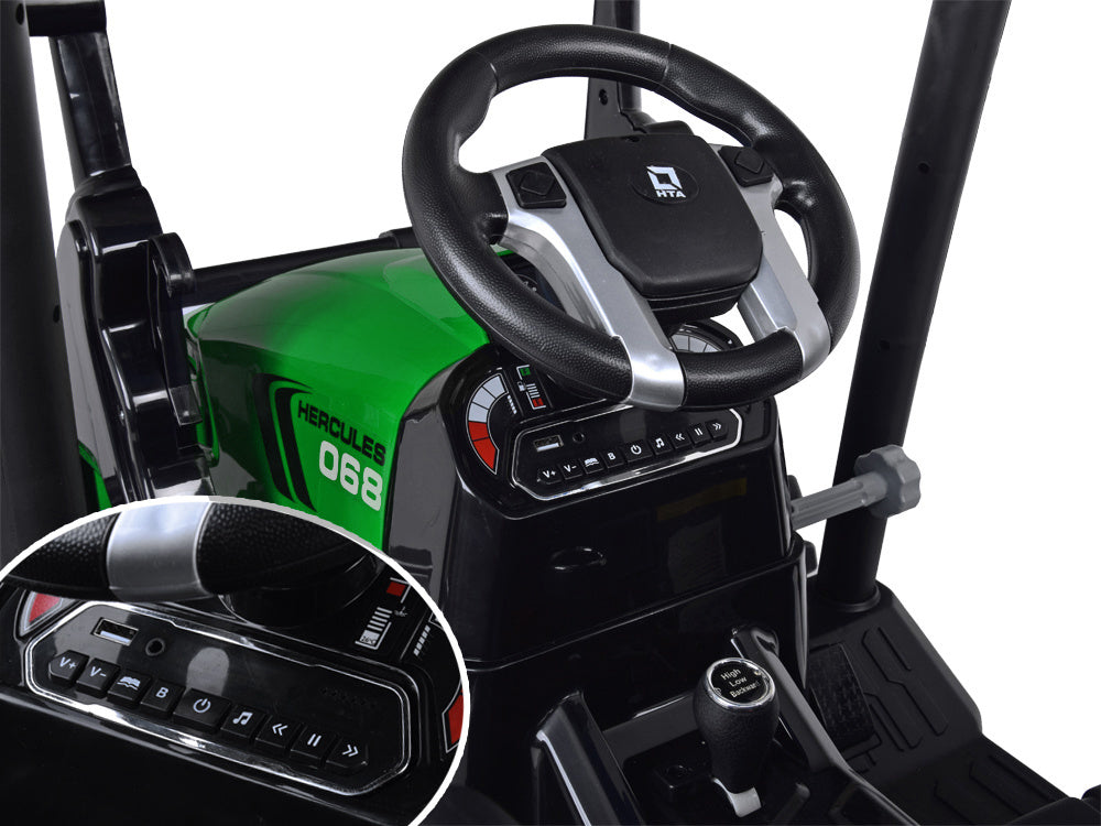 Vienvietis elektrinis traktorius vaikams HTA su priekaba ir kaušu, žalias