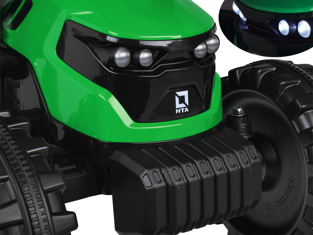 Vienvietis elektrinis traktorius vaikams HTA su priekaba ir kaušu, žalias