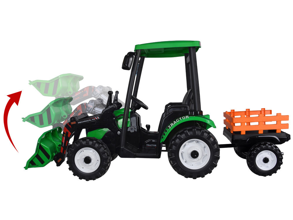Vienvietis elektrinis traktorius vaikams HTA su priekaba ir kaušu, žalias