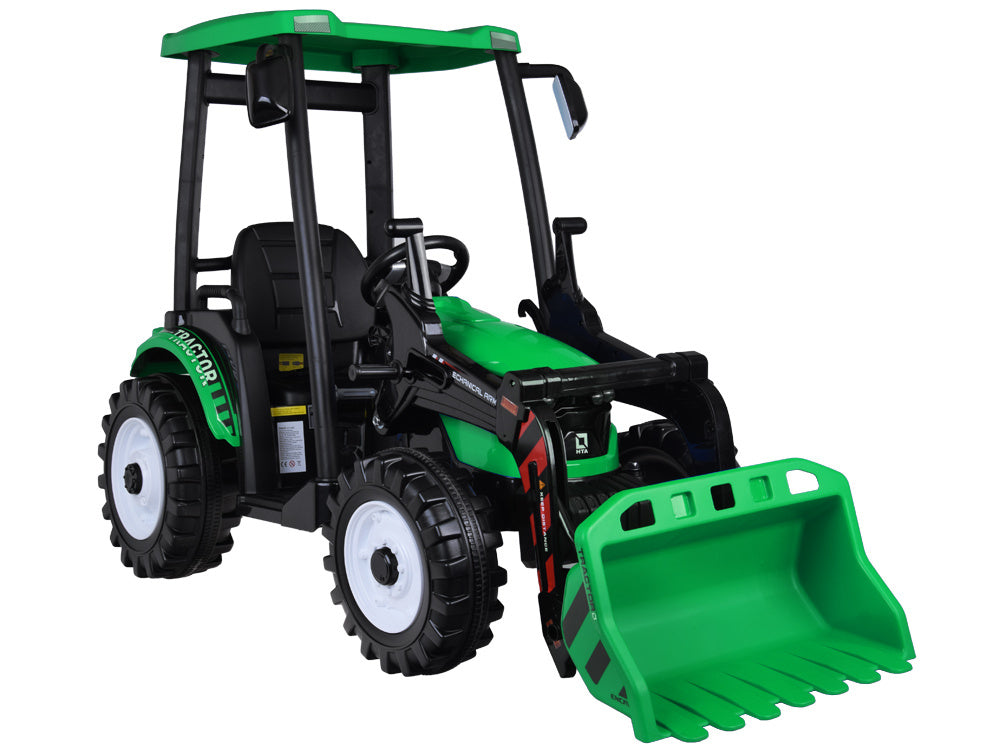 Vienvietis elektrinis traktorius vaikams HTA su priekaba ir kaušu, žalias