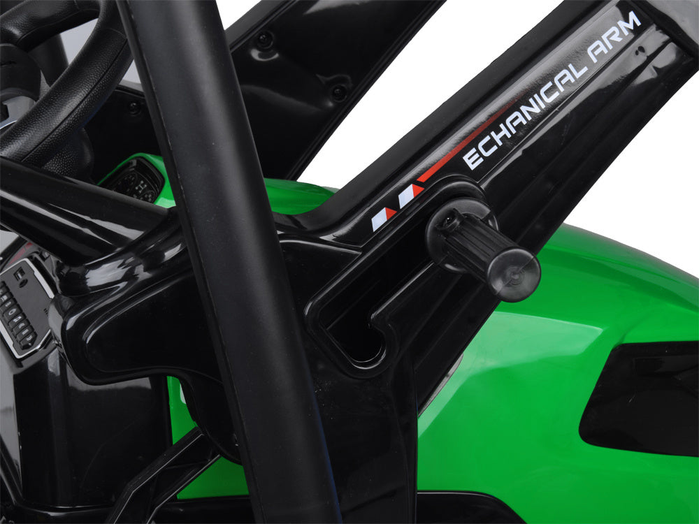 Vienvietis elektrinis traktorius vaikams HTA su priekaba ir kaušu, žalias