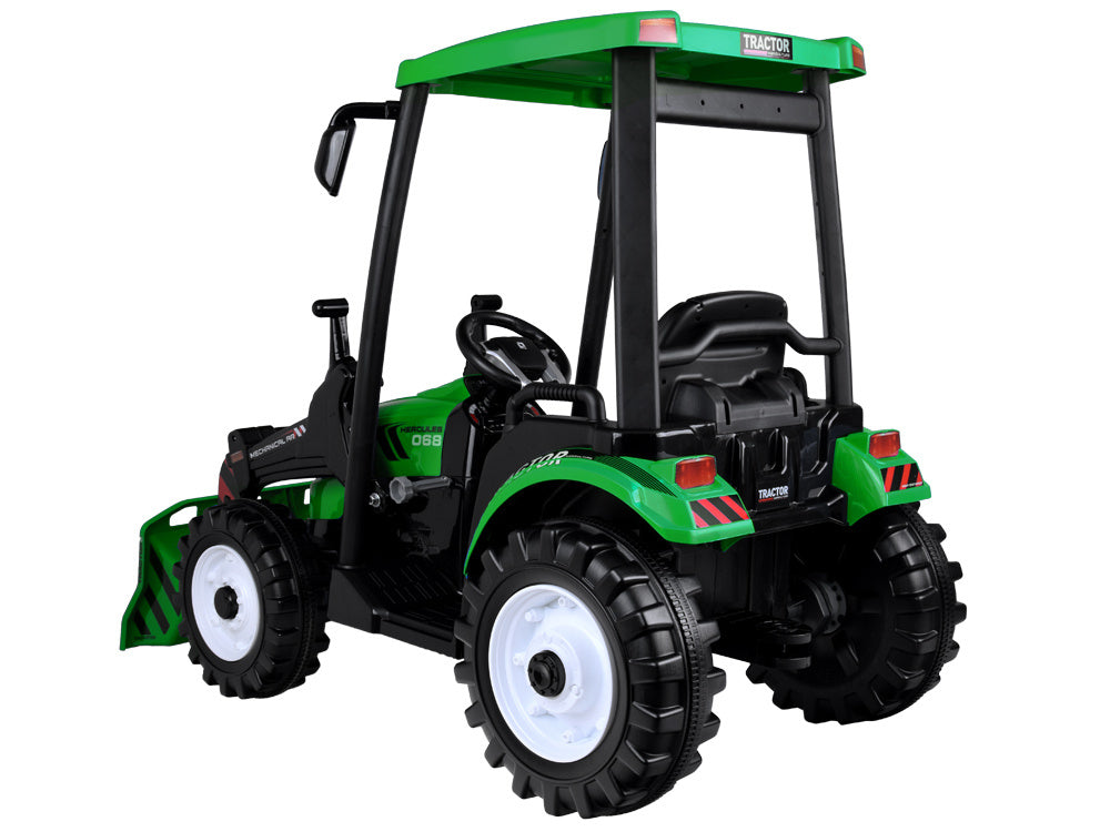 Vienvietis elektrinis traktorius vaikams HTA su priekaba ir kaušu, žalias