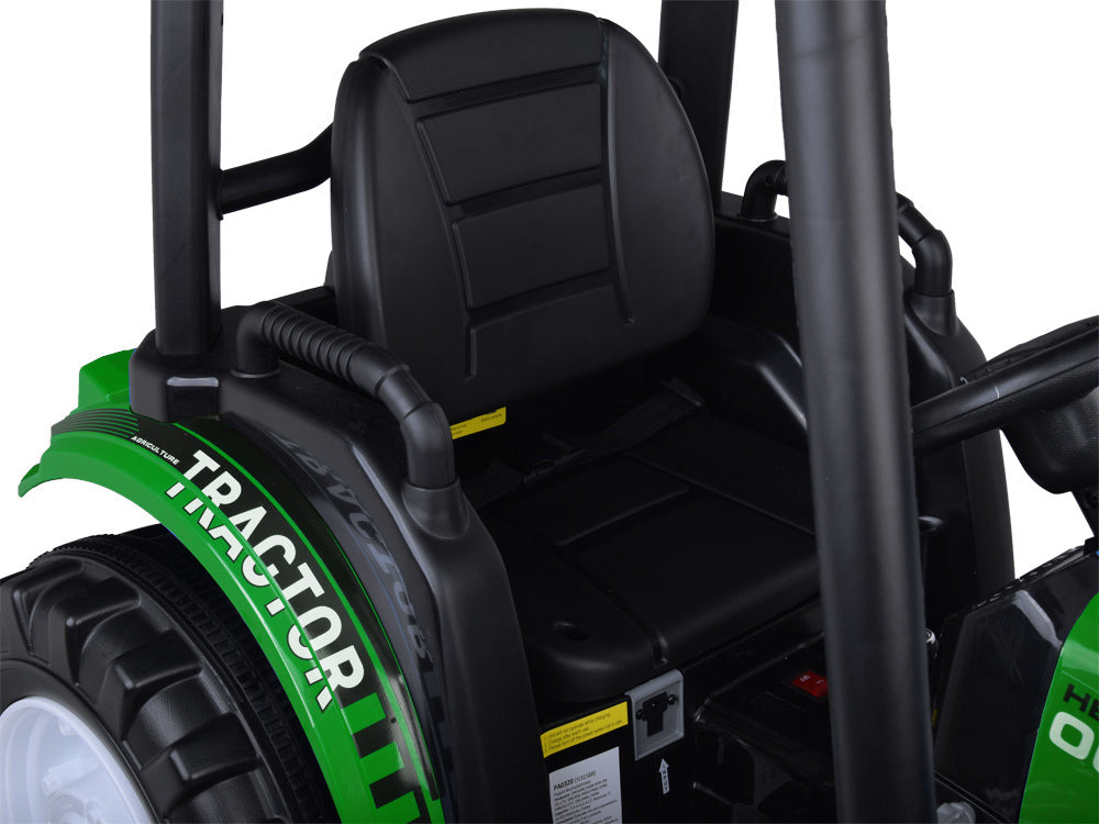 Vienvietis elektrinis traktorius vaikams HTA su priekaba ir kaušu, žalias