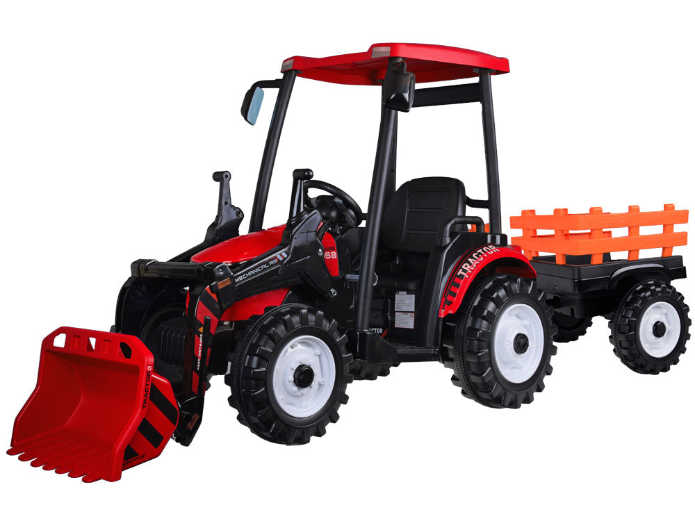 Vienvietis elektrinis traktorius vaikams HTA su priekaba ir kaušu, raudonas