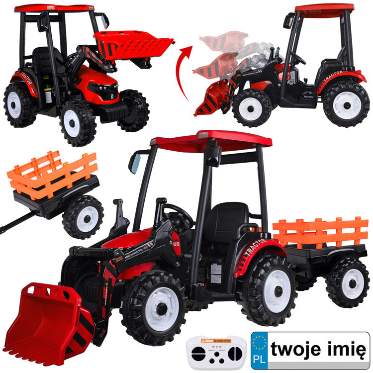 Vienvietis elektrinis traktorius vaikams HTA su priekaba ir kaušu, raudonas