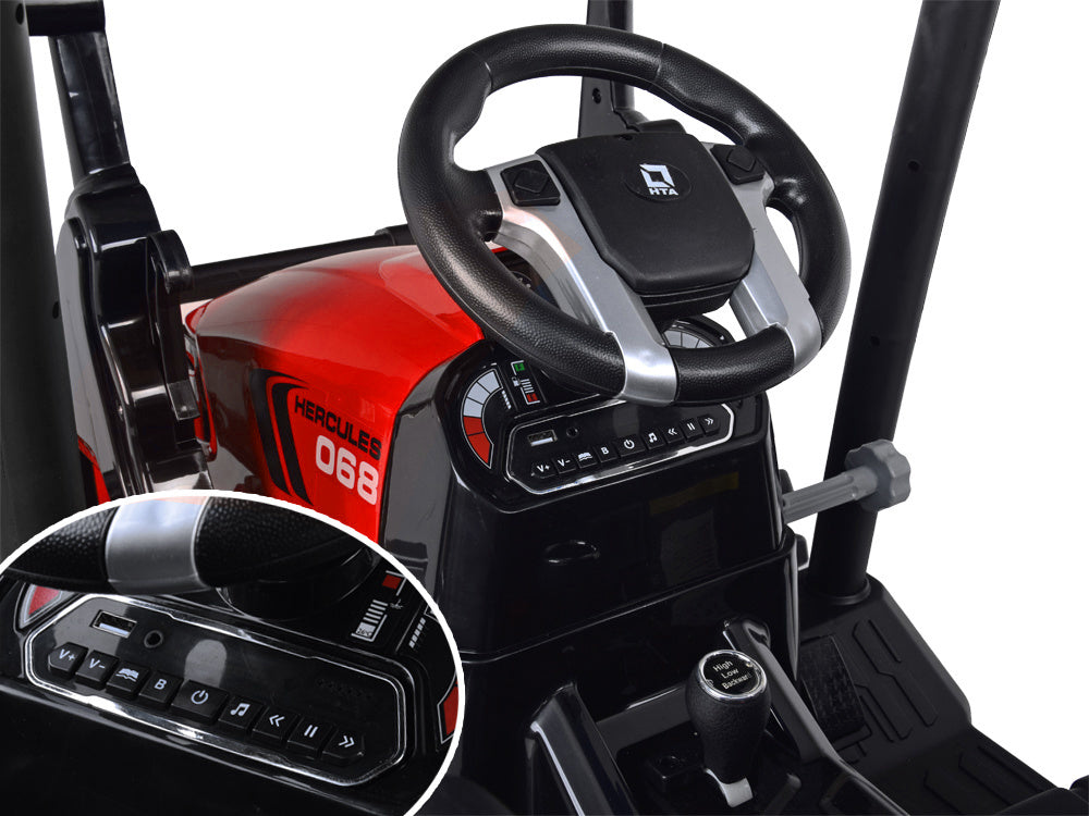 Vienvietis elektrinis traktorius vaikams HTA su priekaba ir kaušu, raudonas