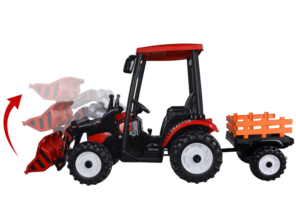 Vienvietis elektrinis traktorius vaikams HTA su priekaba ir kaušu, raudonas