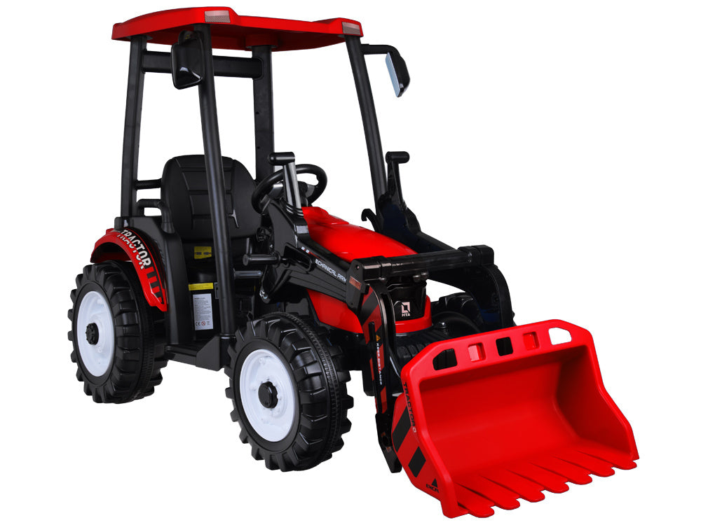 Vienvietis elektrinis traktorius vaikams HTA su priekaba ir kaušu, raudonas