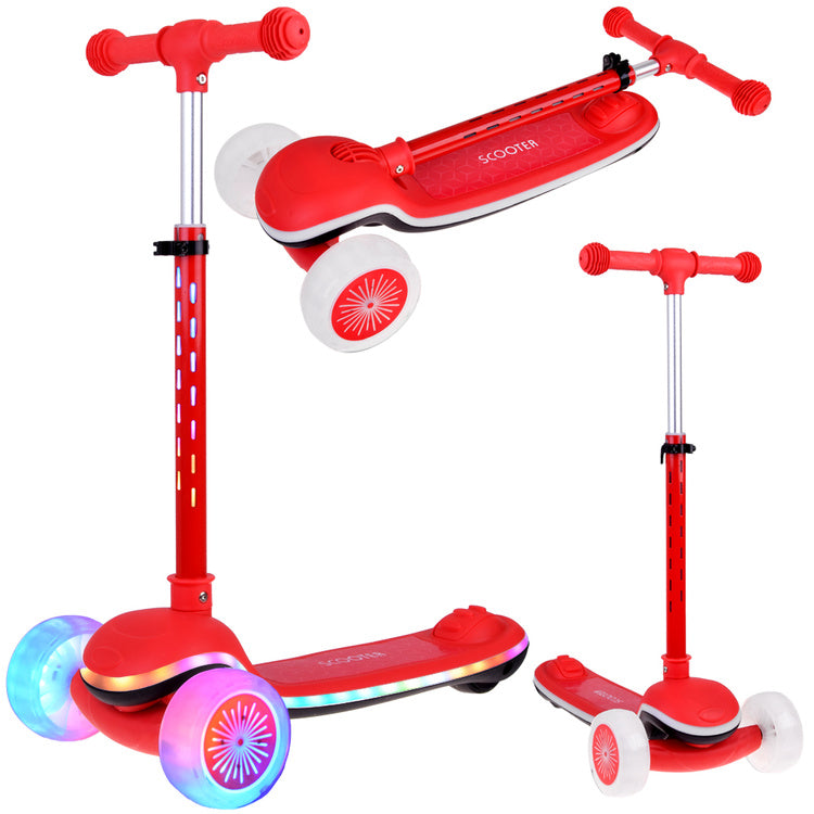 Vaikiškas triratis paspirtukas su LED apšvietimu ir muzika, raudonas