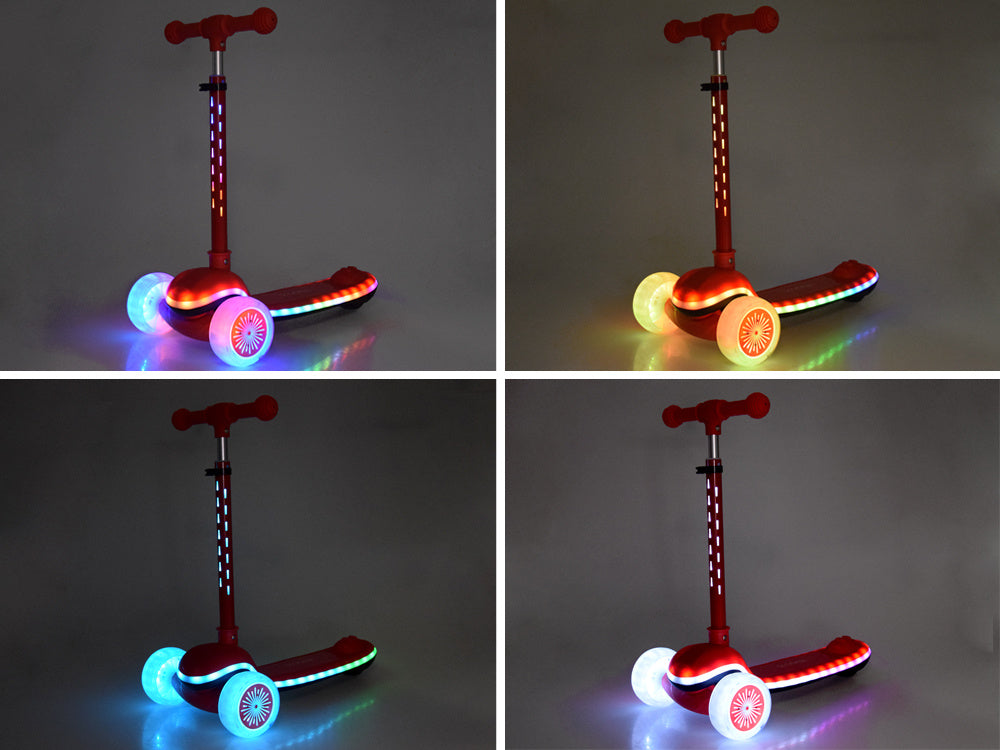 Vaikiškas triratis paspirtukas su LED apšvietimu ir muzika, raudonas