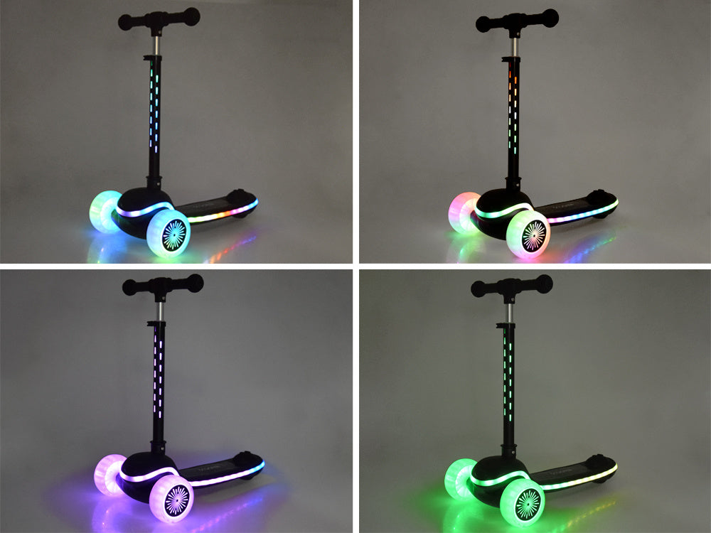 Vaikiškas triratis paspirtukas su LED apšvietimu ir muzika, juodas