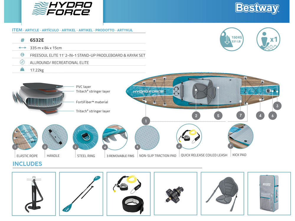 Pripučiama Hydro-Force SUP irklentė 335cmx84cmx15cm su atlošu 2in1, Bestway