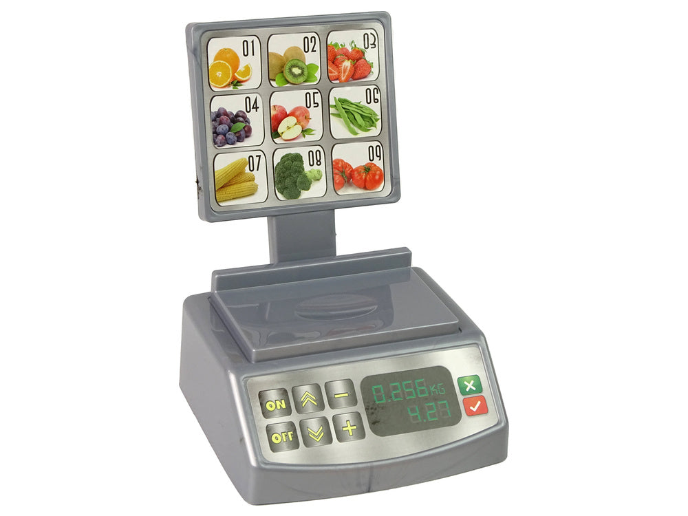 Parduotuvės svarstyklės su daržovių ir vaisiu krepšeliu