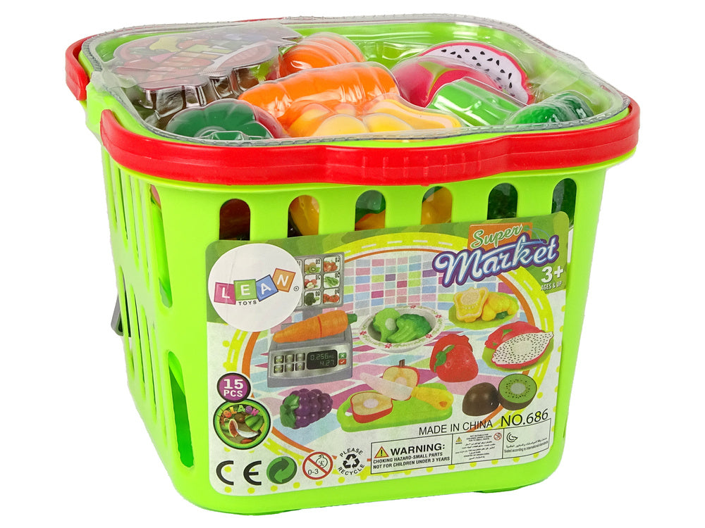 Parduotuvės svarstyklės su daržovių ir vaisiu krepšeliu