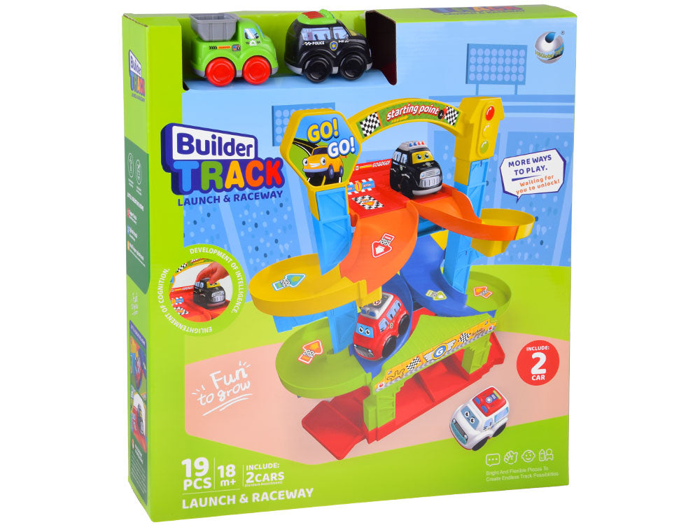 Spiralinė lenktynių trasa su 2 automobiliai