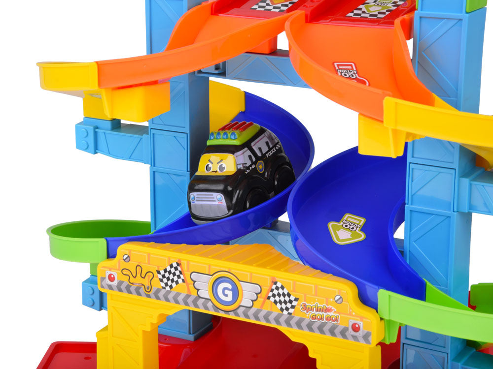 Spiralinė lenktynių trasa su 2 automobiliai