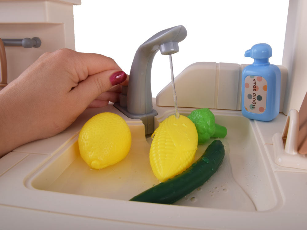 Interaktyvi virtuvė vaikams su garso ir šviesos efektais, smėlio spalvos