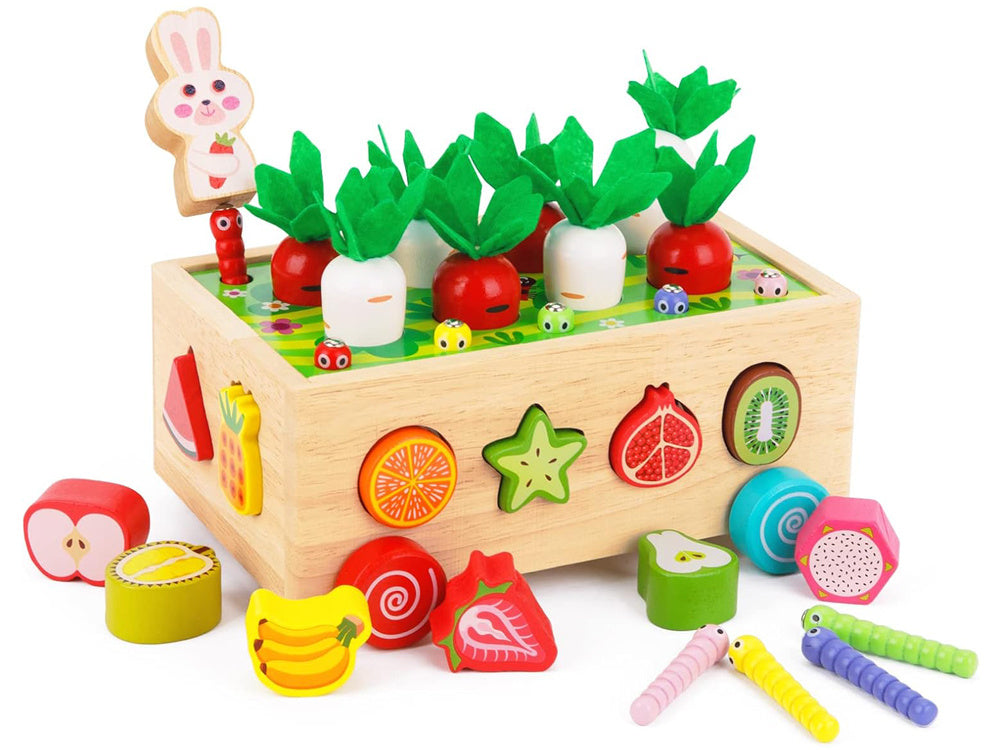 Montessori medinis vežimėlis rūšiuoklis su priedais