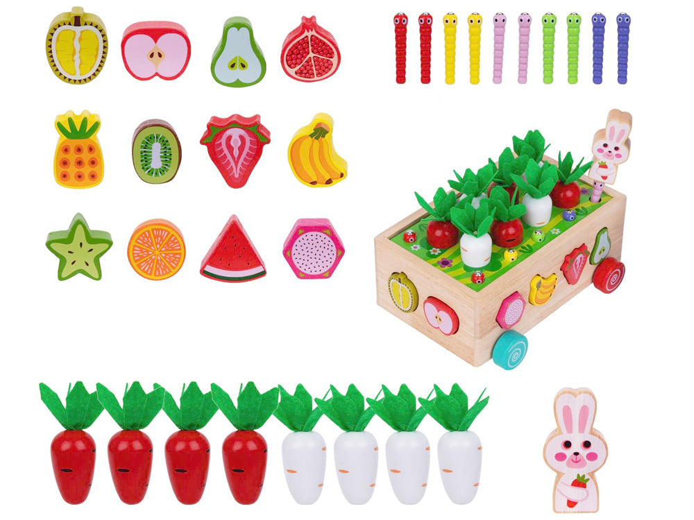 Montessori medinis vežimėlis rūšiuoklis su priedais