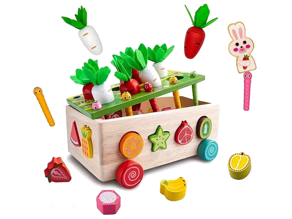 Montessori medinis vežimėlis rūšiuoklis su priedais