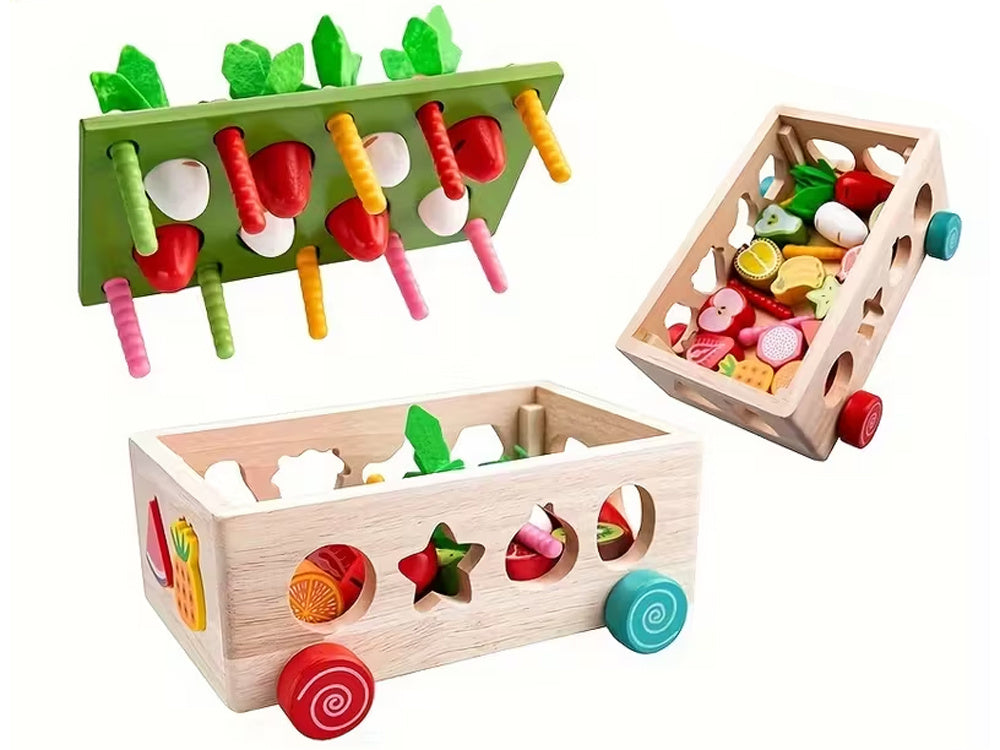 Montessori medinis vežimėlis rūšiuoklis su priedais