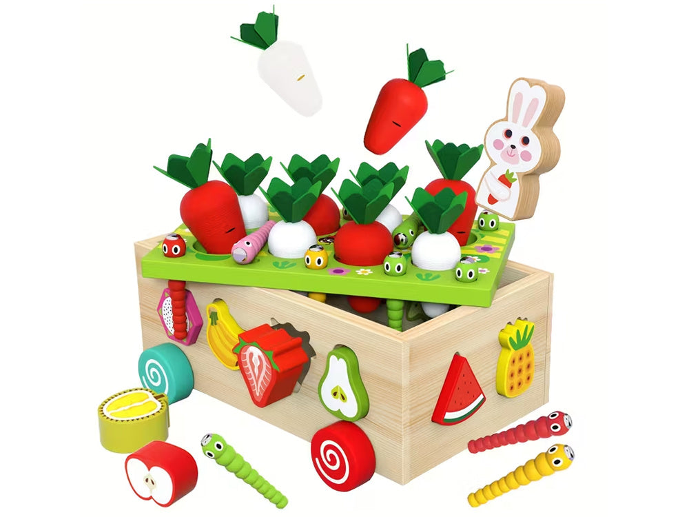 Montessori medinis vežimėlis rūšiuoklis su priedais