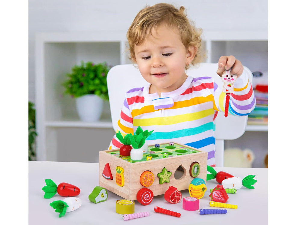 Montessori medinis vežimėlis rūšiuoklis su priedais