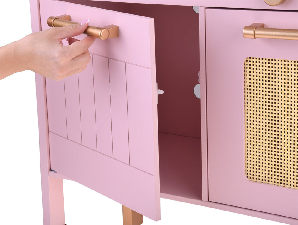 Žavinga medinė virtuvė vaikams su virykle, kriaukle ir puodais