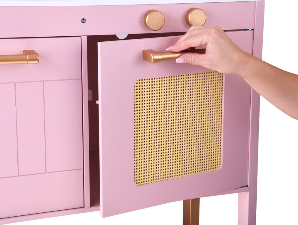 Žavinga medinė virtuvė vaikams su virykle, kriaukle ir puodais