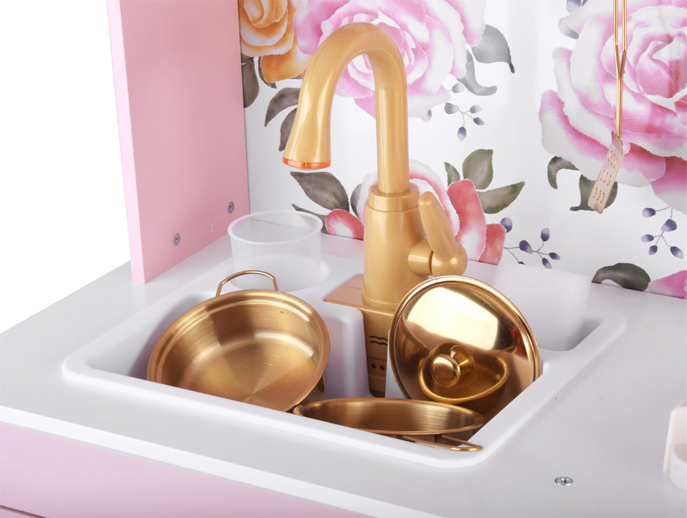 Žavinga medinė virtuvė vaikams su virykle, kriaukle ir puodais