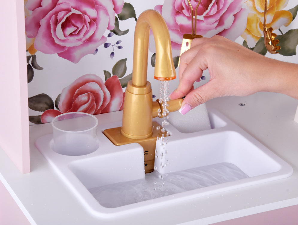 Žavinga medinė virtuvė vaikams su virykle, kriaukle ir puodais