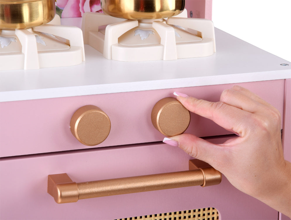 Žavinga medinė virtuvė vaikams su virykle, kriaukle ir puodais