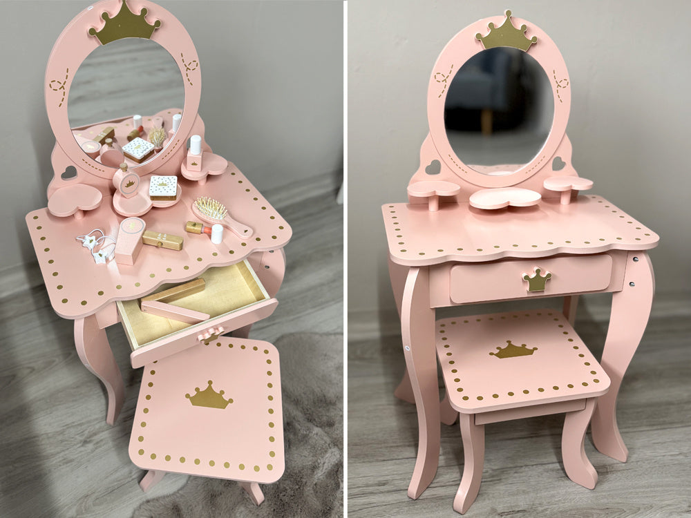 Medinis karališkas kosmetinis staliukas su veidrodžiu, kėde ir aksesuarais