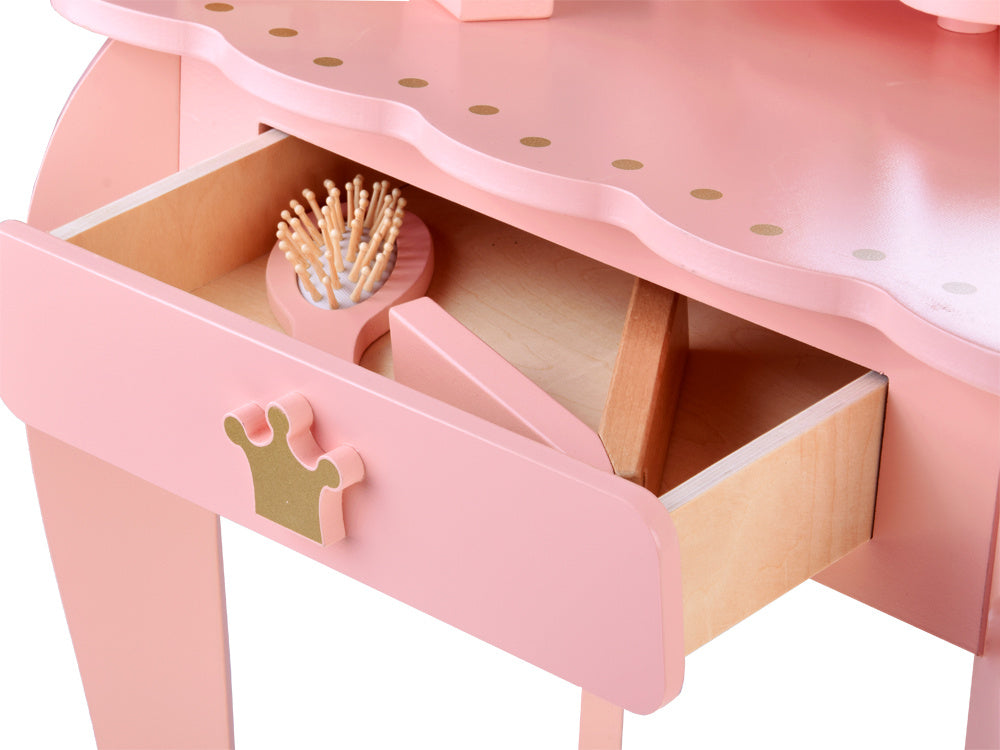 Medinis karališkas kosmetinis staliukas su veidrodžiu, kėde ir aksesuarais