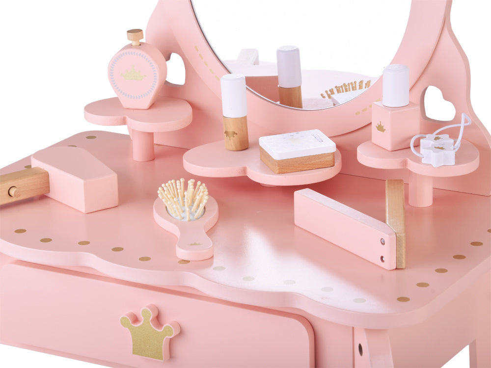 Medinis karališkas kosmetinis staliukas su veidrodžiu, kėde ir aksesuarais