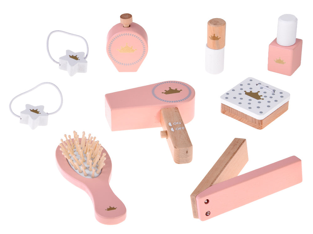 Medinis karališkas kosmetinis staliukas su veidrodžiu, kėde ir aksesuarais