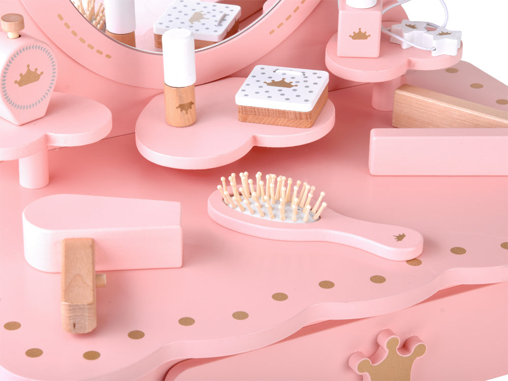 Medinis karališkas kosmetinis staliukas su veidrodžiu, kėde ir aksesuarais