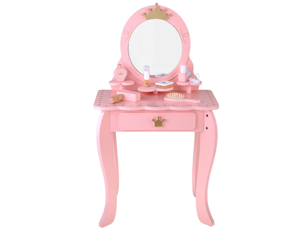 Medinis karališkas kosmetinis staliukas su veidrodžiu, kėde ir aksesuarais
