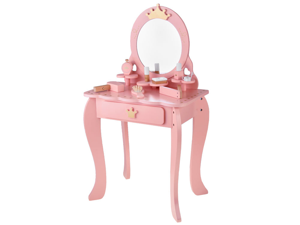 Medinis karališkas kosmetinis staliukas su veidrodžiu, kėde ir aksesuarais