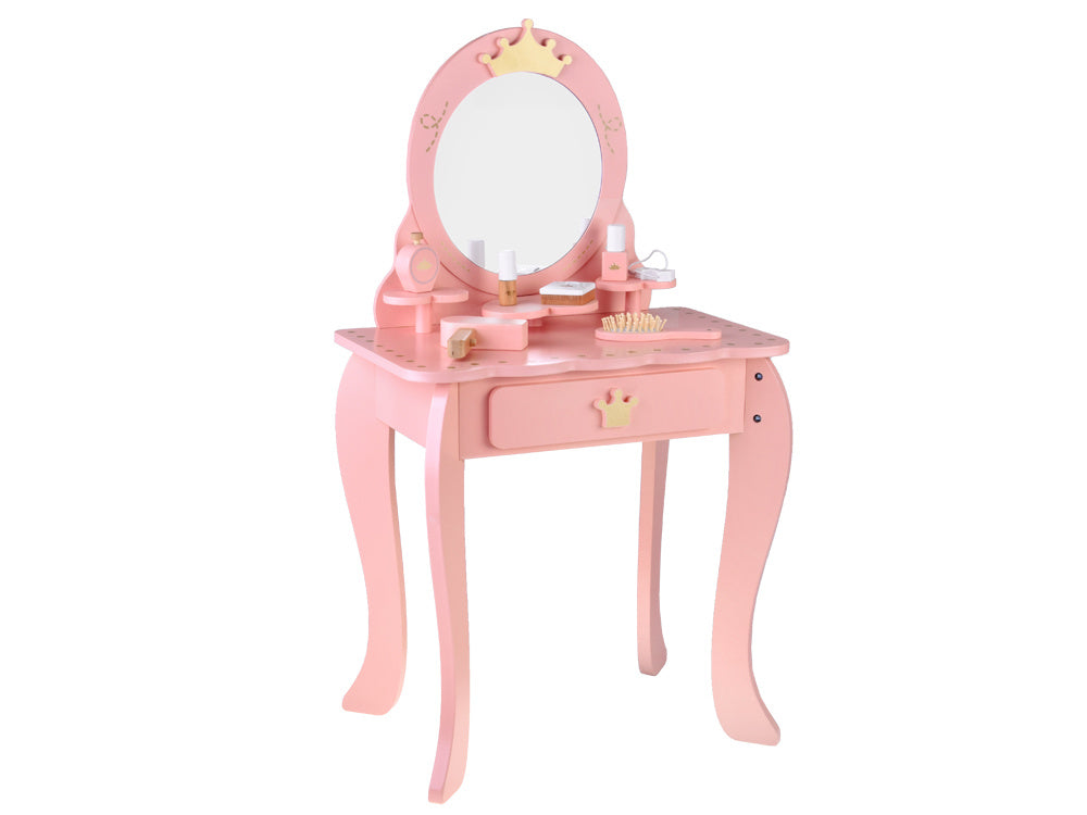 Medinis karališkas kosmetinis staliukas su veidrodžiu, kėde ir aksesuarais